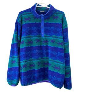 L.L. Bean Blue and Green Patterned Fleece Pullover